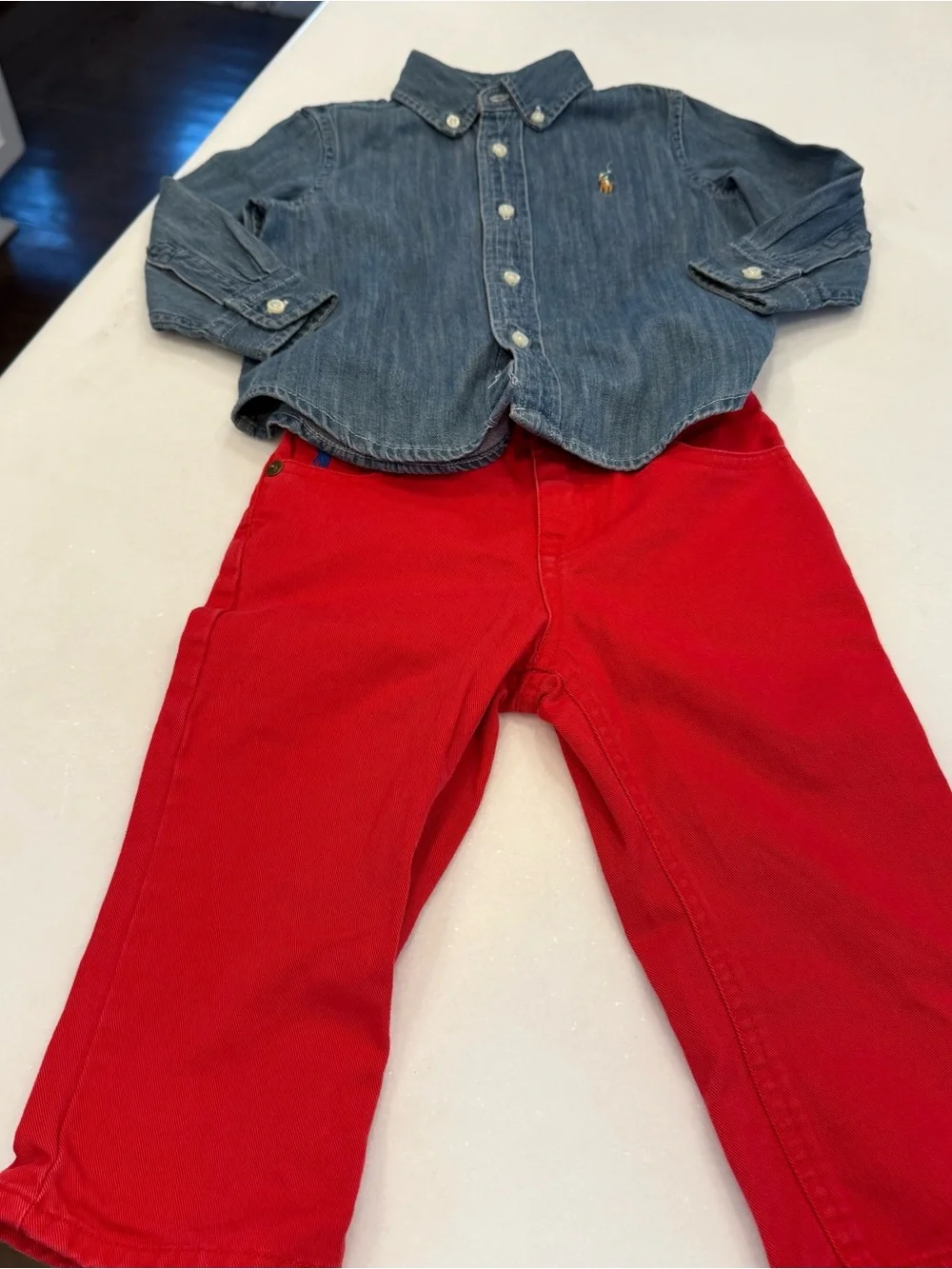 Ralph Lauren Unisex Kids 2 PCS Set Denim Shirt Red Jeans Sz 18 Mo. EUC